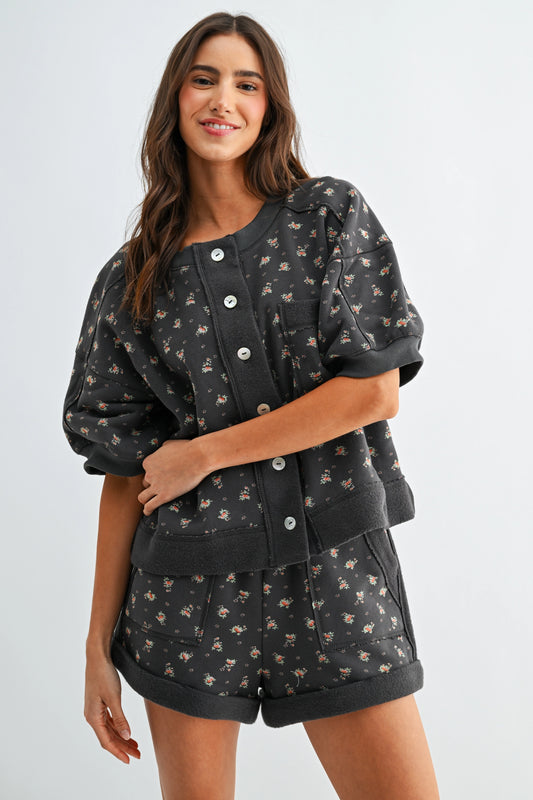 Floral Print Short Sleeve Top Set Pocket Shorts
