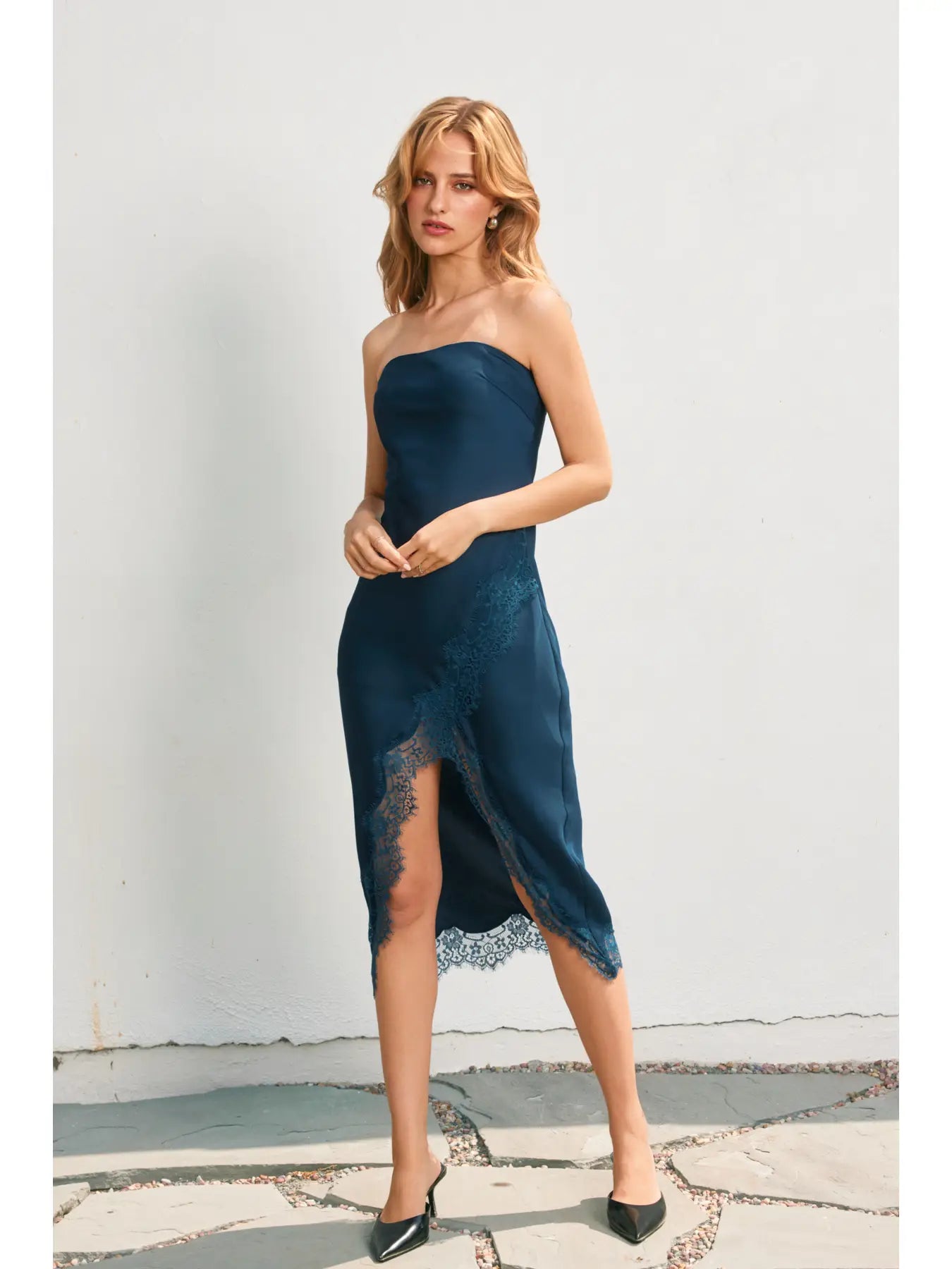 Dull Satin Strapless Lace Hem Midi Dress