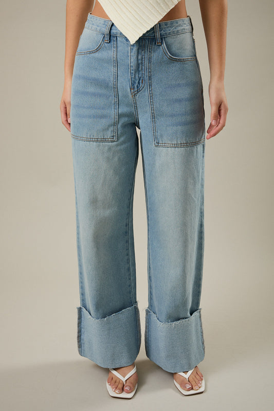 High Waisted Wide Leg Cuffed Jeans