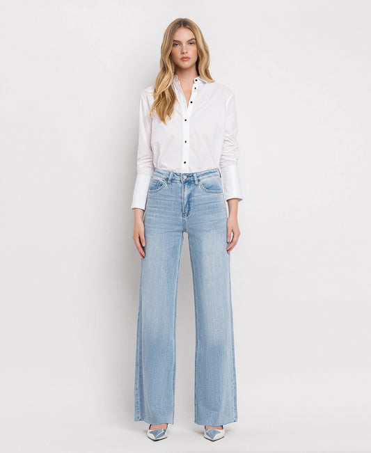 Super High Rise Clean Cut Raw Hem Wide Leg Jeans