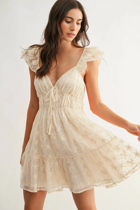 Chiffon Flutter Embroidered Sleeve Mini Dress