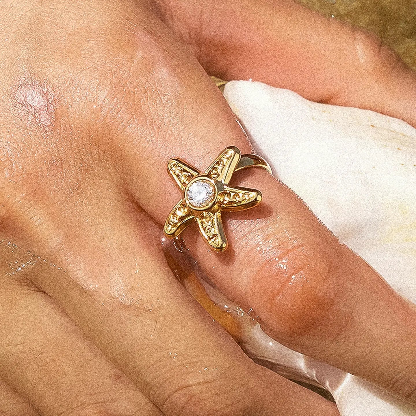 Marin 18K Gold Non-Tarnish Starfish Cz Statement Ring