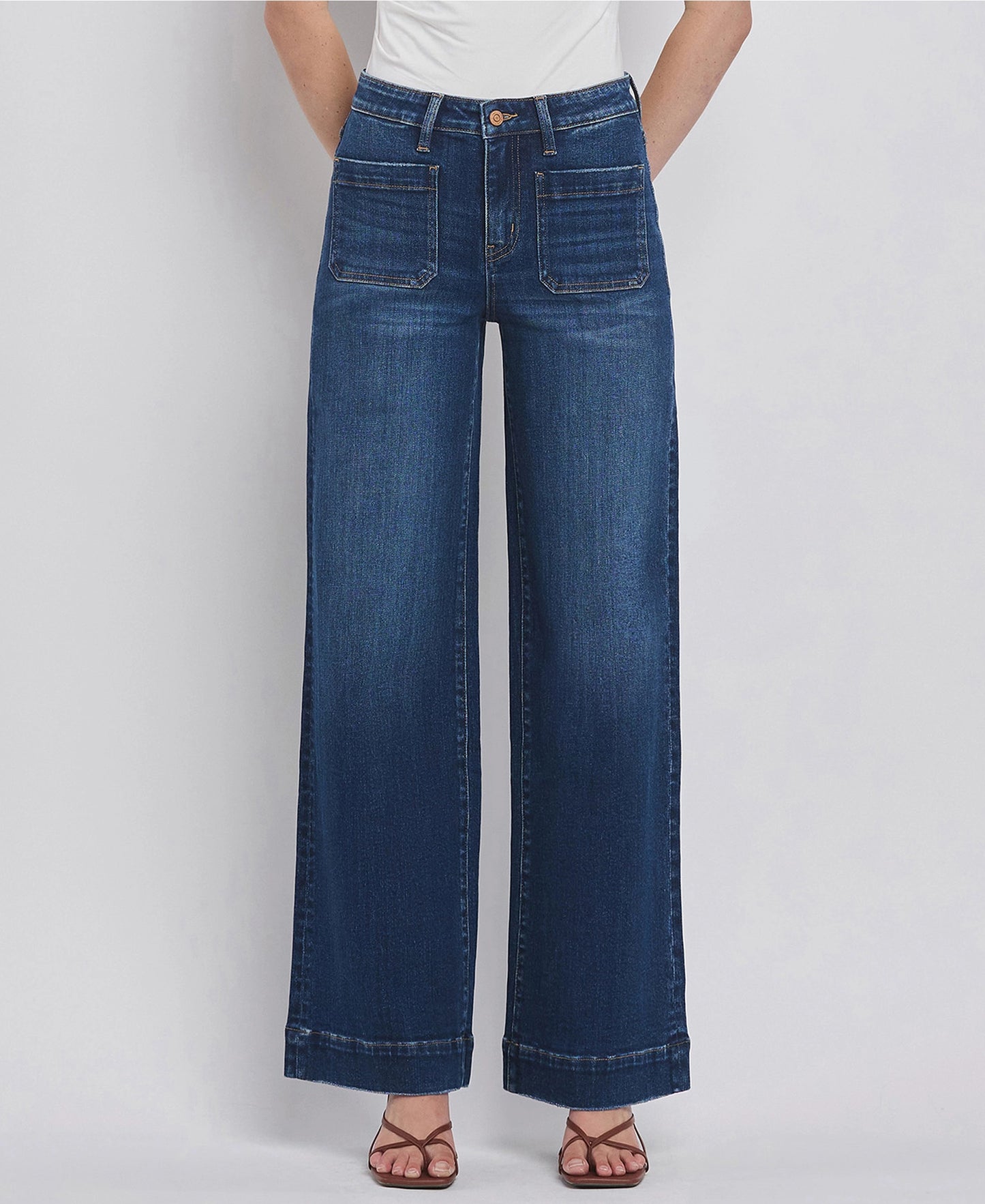 High Rise Patch Pocket Trouser Hem Wide Jeans