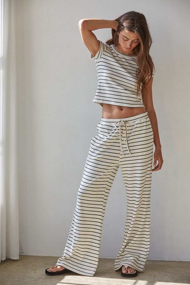 Knit Striped Waist Elastic Band Tie Flare Pants