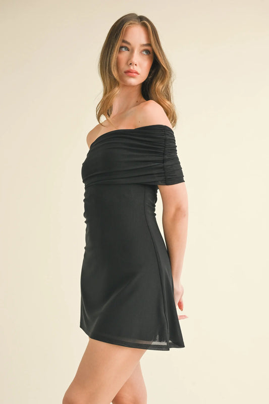 Foldover Off Shouder Mesh Mini Dress