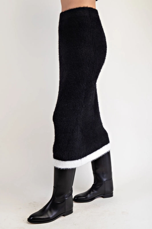 Fuzzy Sweater Midi Skirt with Contrast Edge Detail