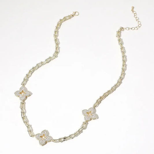 14K Gold Plated Cz Paved Clover Necklace