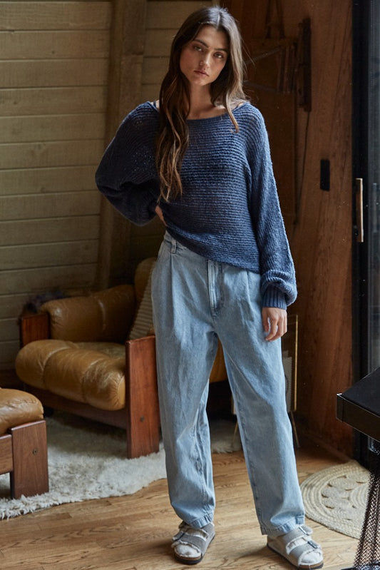 Sweater Knit Crochet Round Neck Long Sleeve Top