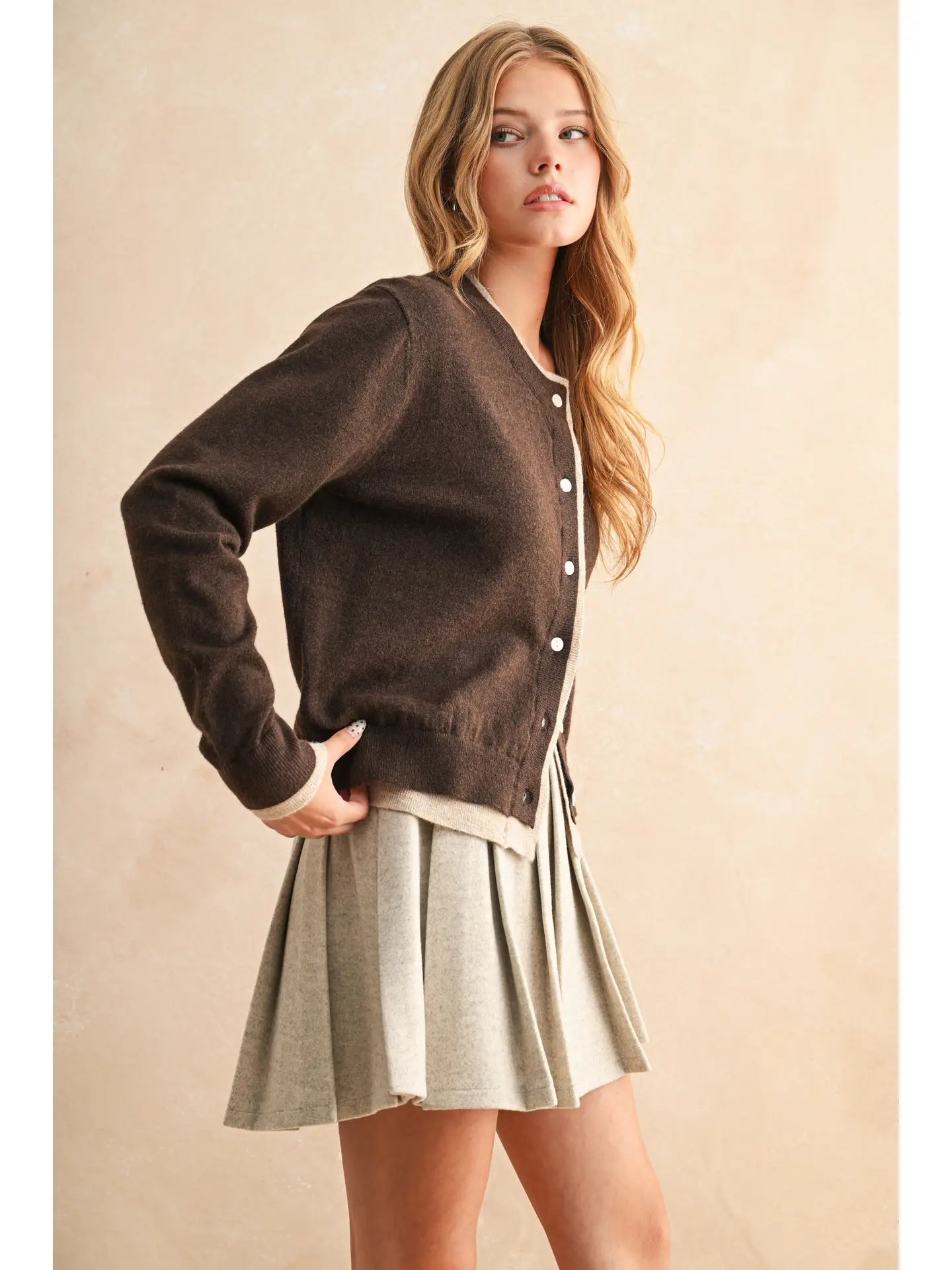 Color Contrast Button Front Cardigan