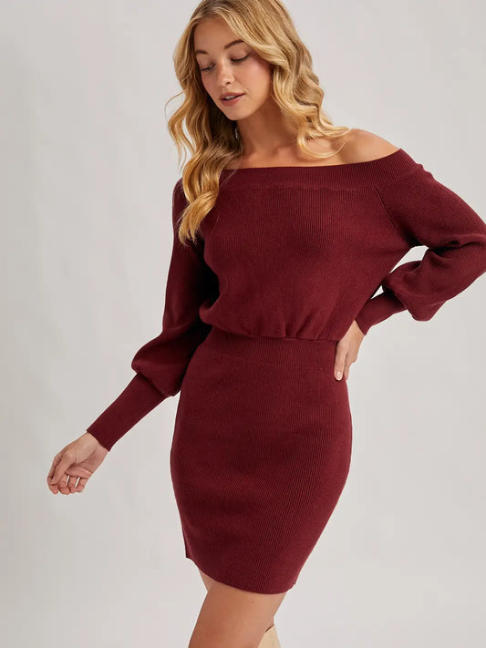 One Shoulder Ribbed Knit Sweater Blouson Dress