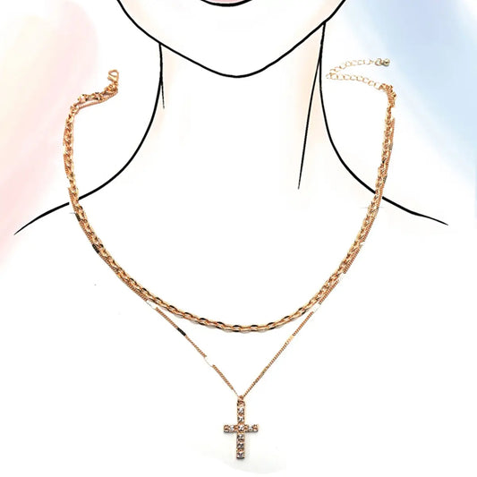 Double Layer Rhinestone Cross Necklace