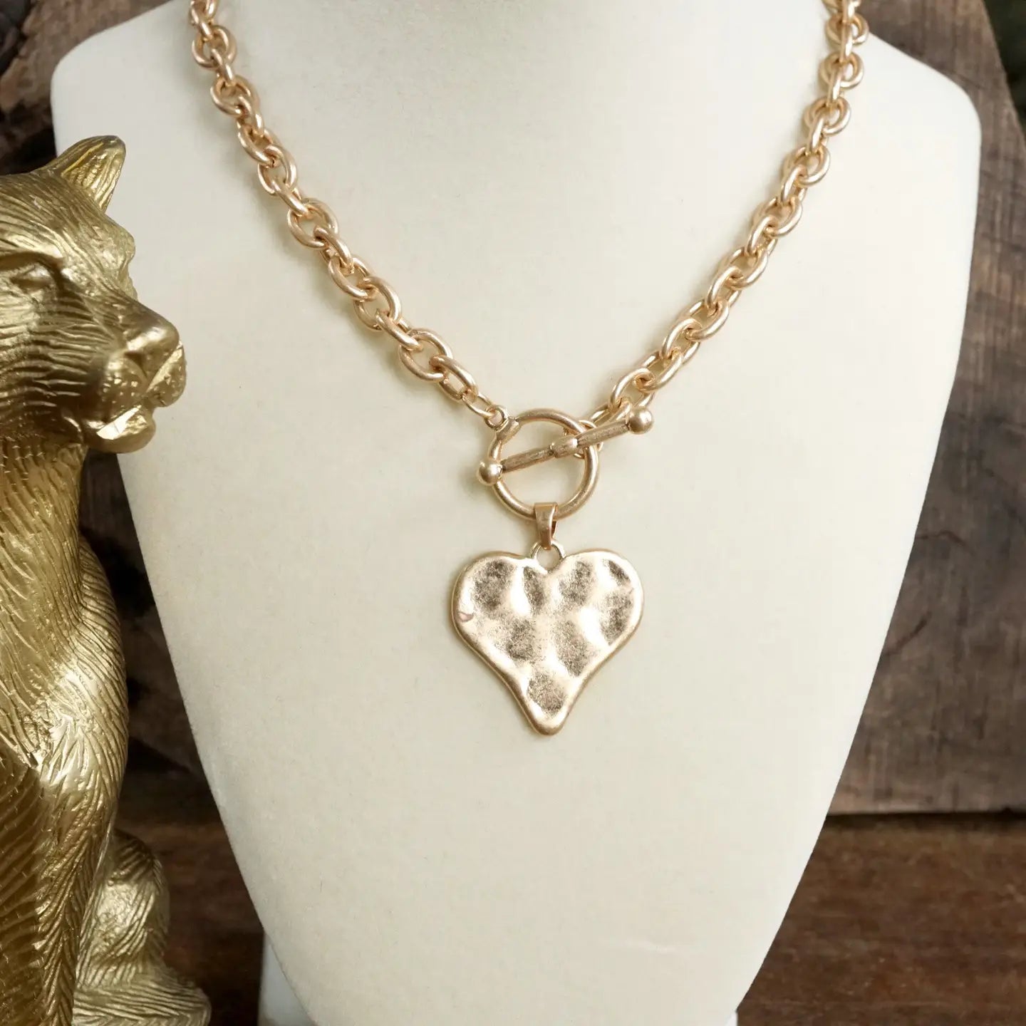 Boho Hammered Heart Front Toggle Necklace