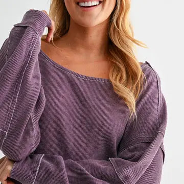 Raw Edge Waffle Knit Boatneck Pullover