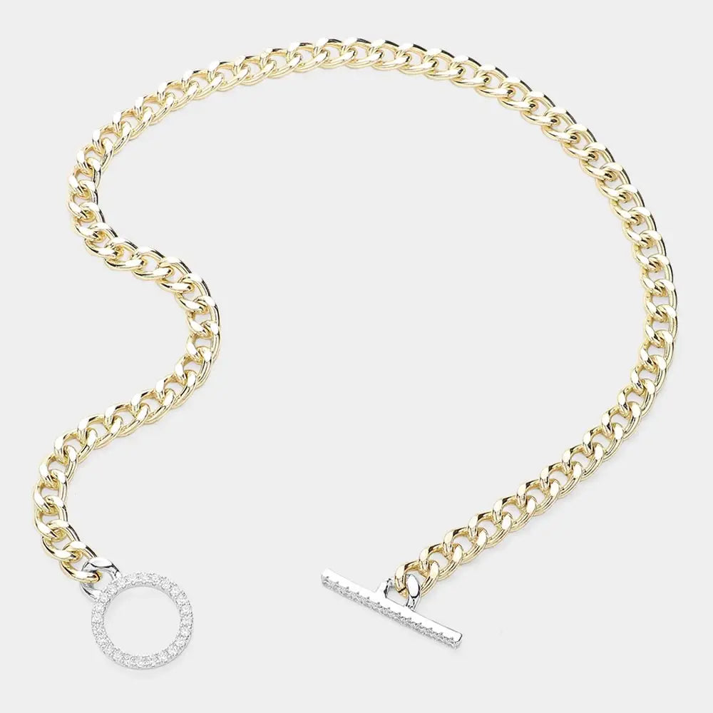 14K Gold Plated Cz Stone Paved Toggle Necklace