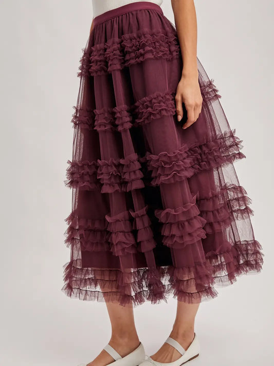 Romantic Ruffle Tiered Tulle Midi Skirt