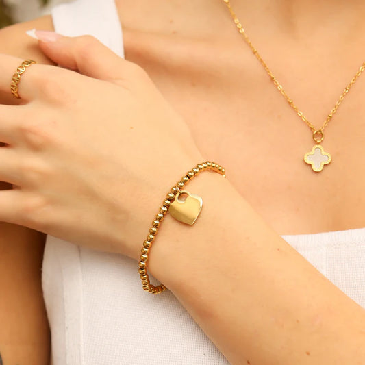 18K Gold Stainless Steel Beaded Engravable Heart Stretch Bracelet