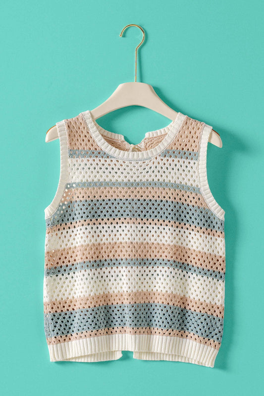 Striped Crochet Knit Vest Triple Ribbon Tie