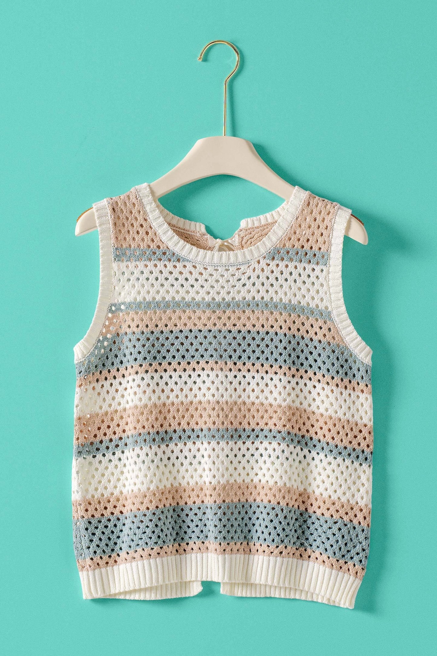 Striped Crochet Knit Vest Triple Ribbon Tie