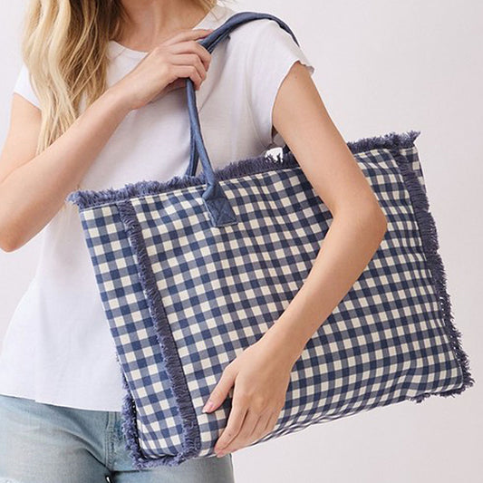 Gingham Check Terry Cloth Frayed Tote Bag