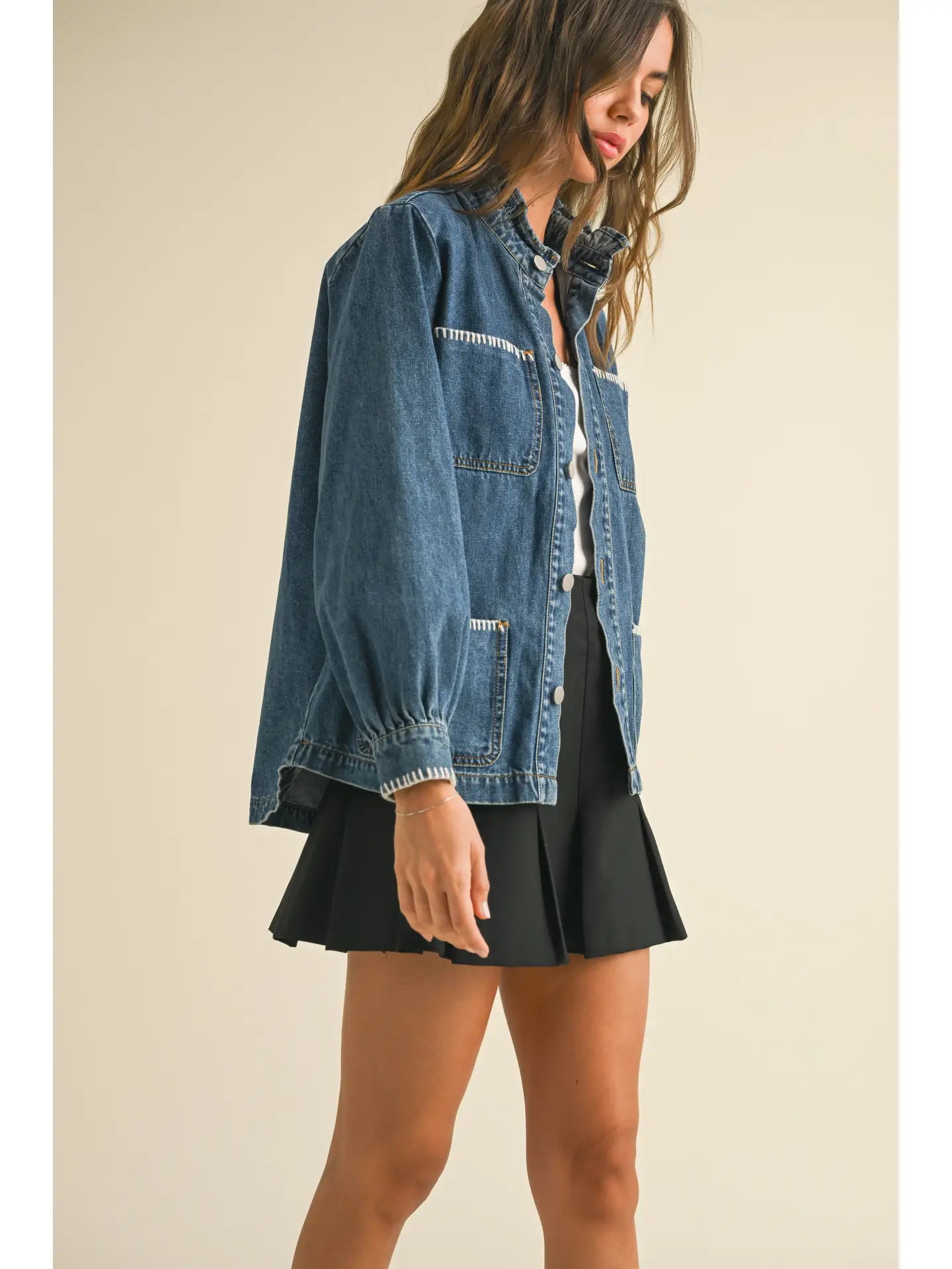 Stitch Detail Ruffled Denim Jacket