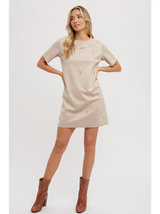 Rhinestone Faux Suede Shift Dress