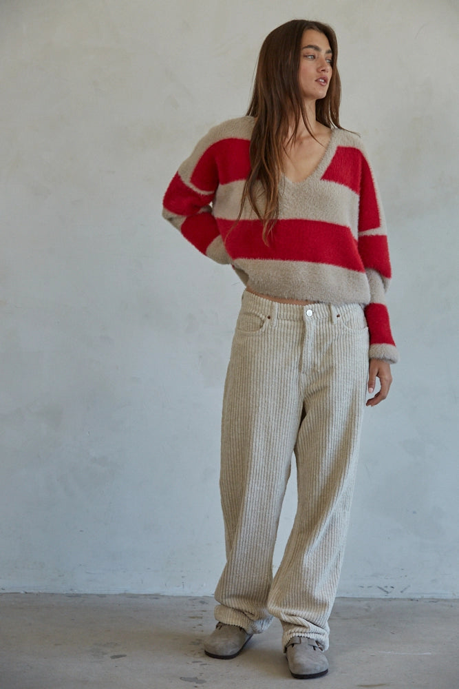 Knit Sweater Nylon Polyester Striped V-Neck Pullover