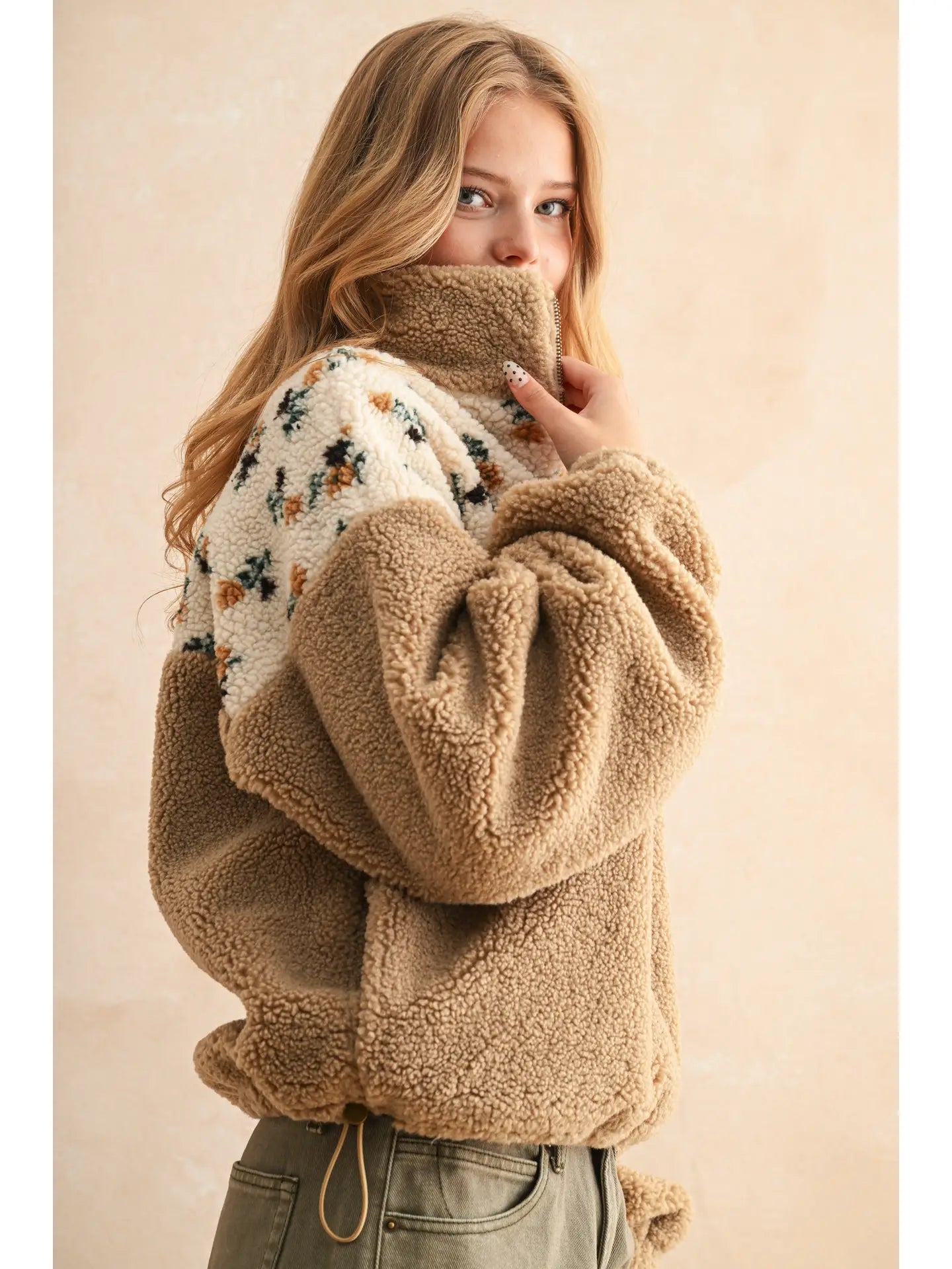 Half Zip Floral Print Contrast Sherpa Pullover