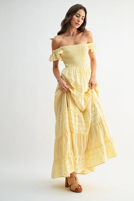 Sunshine Smocked Maxi Dress Eyelet Ruffle Sleeves