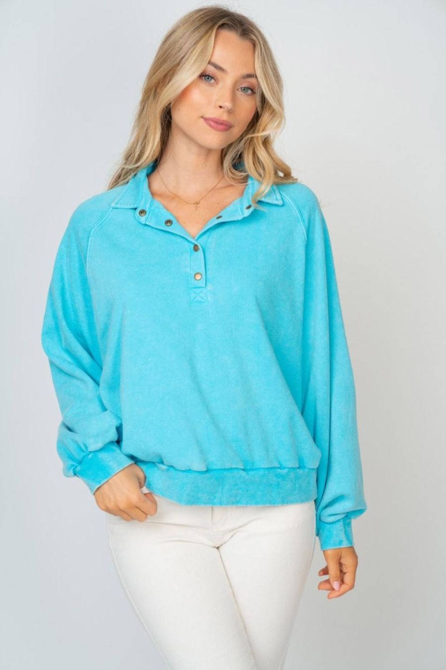 Washed Half Button Down French Terry Top