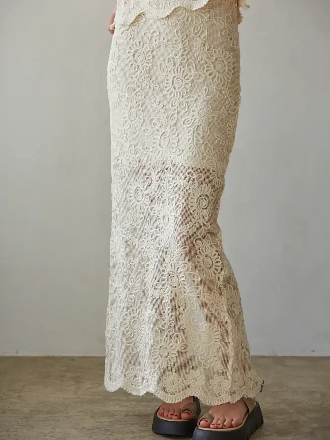 Woven Cotton Floral Lace Work Midi Skirt