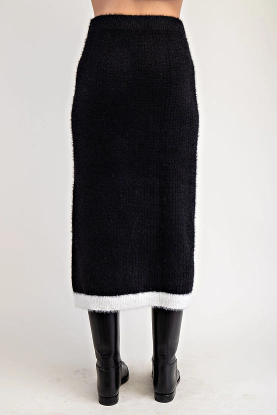 Fuzzy Sweater Midi Skirt with Contrast Edge Detail
