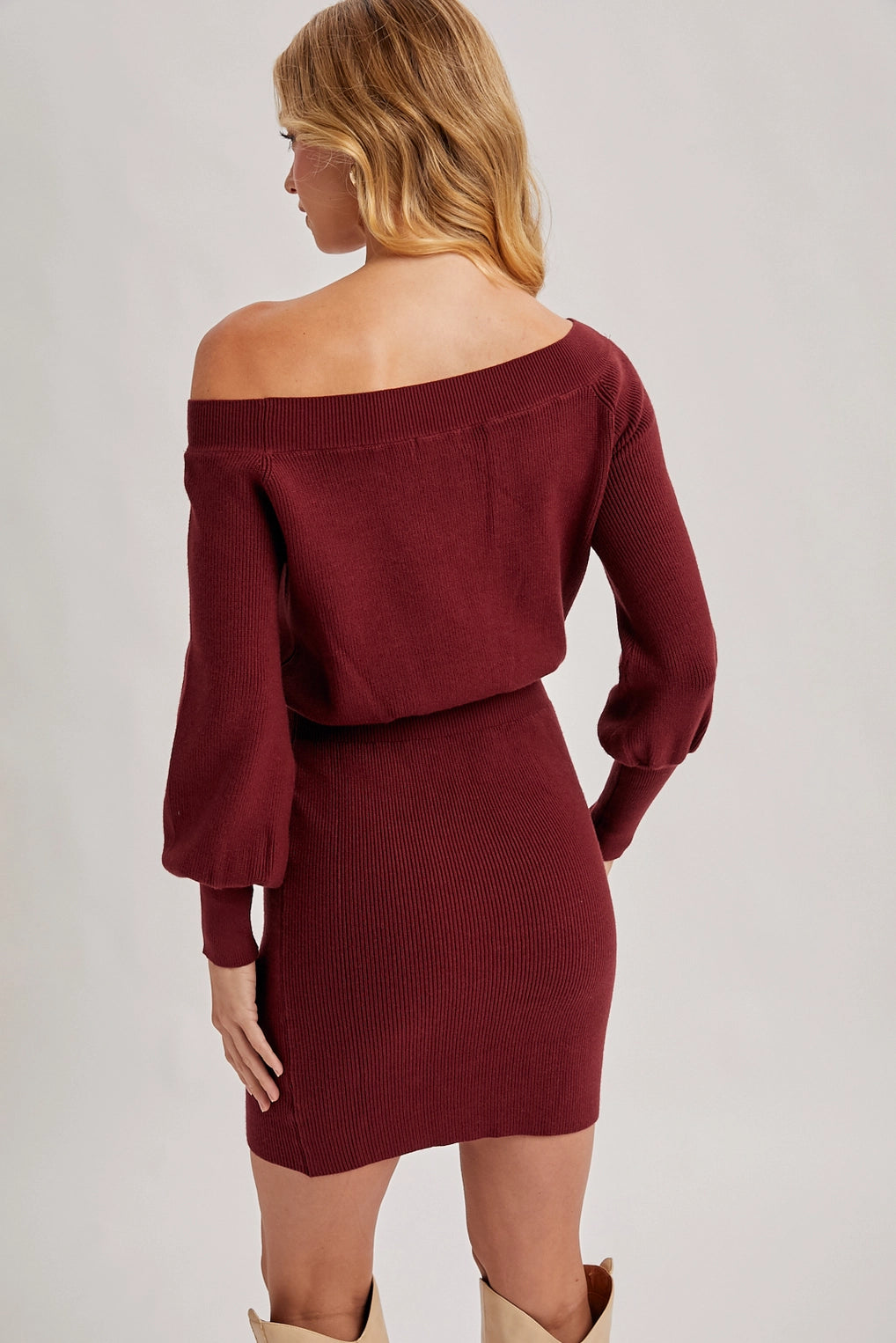 One Shoulder Ribbed Knit Sweater Blouson Dress