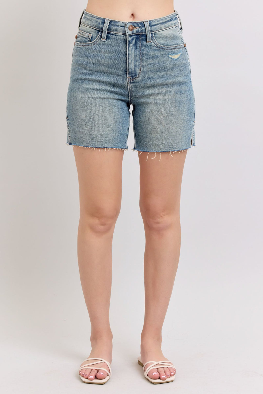 Vintage Wash Stretchy Hem Slit Denim Shorts