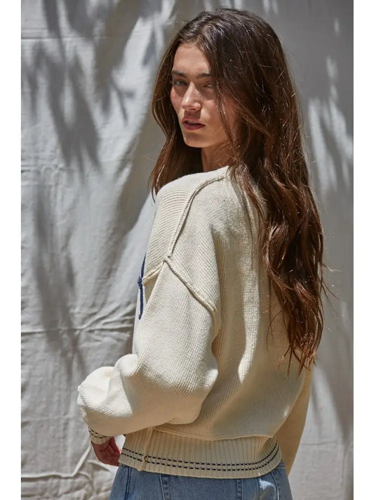 Knit Sweater Pullover Top with Embroidered "USA"