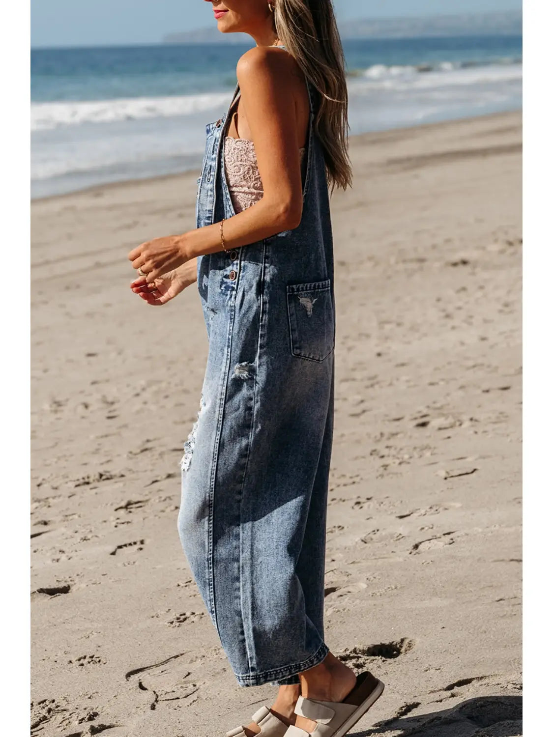 Distressed Pocketed Wide Leg Capri Denim Overall