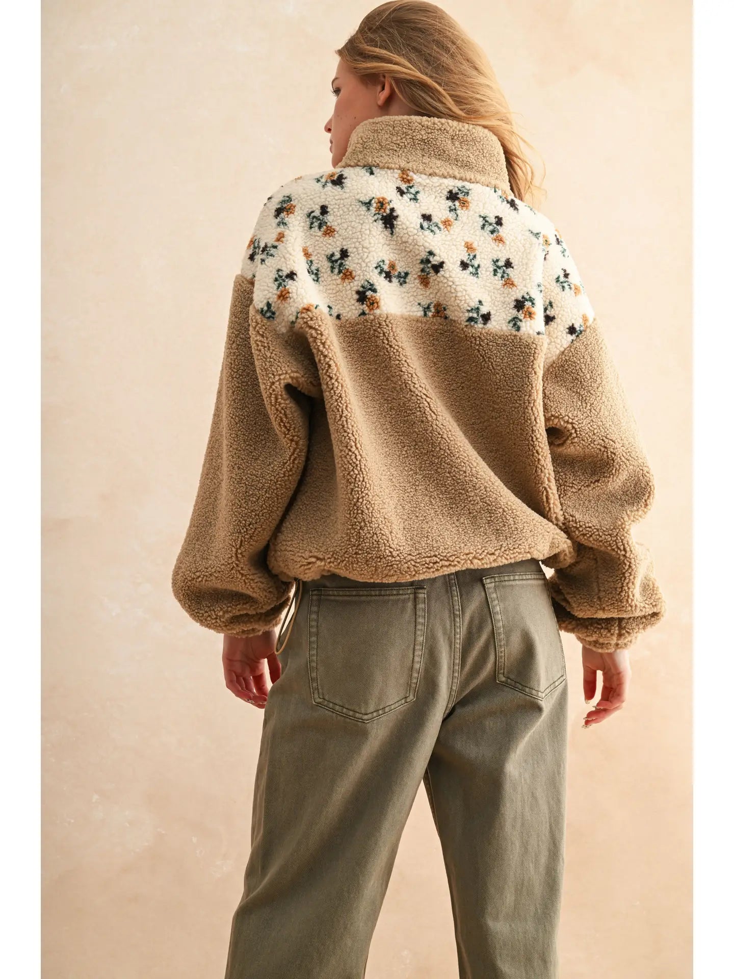 Half Zip Floral Print Contrast Sherpa Pullover