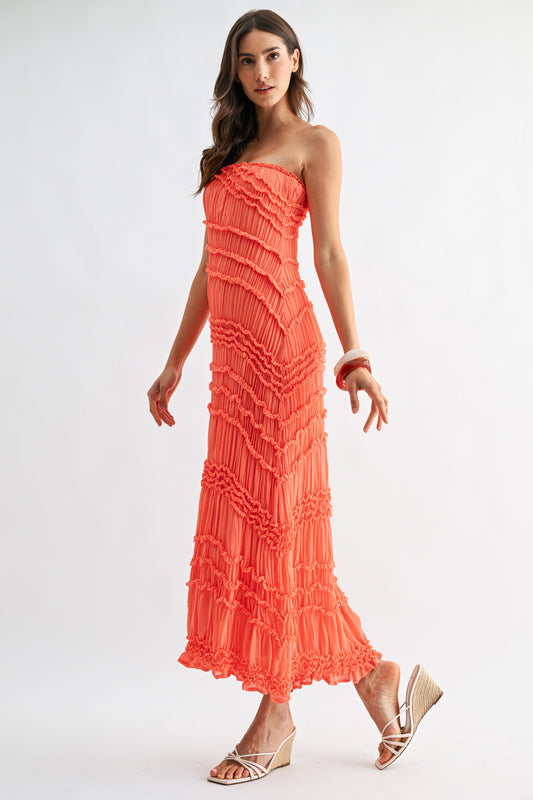Strapless Textured Pleated Maxi Dress
