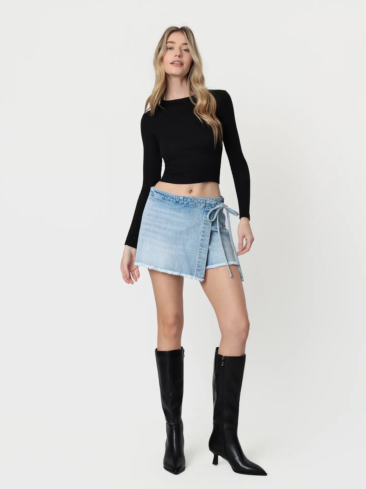 High Rise Frayed Hem Wrap with Tie Skort