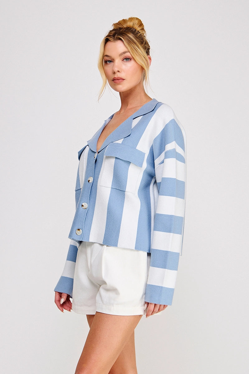 Striped Soft Relaxed Collared Cardi