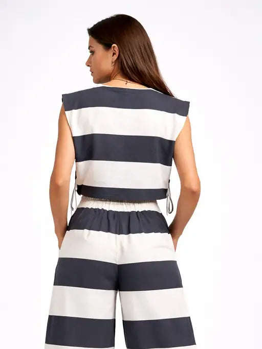 Sleeveless Side Tie Cropped Wide Striped Top