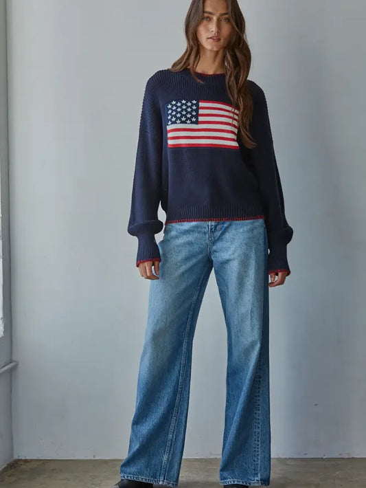 Knit Sweater Crew American Flag Pullover