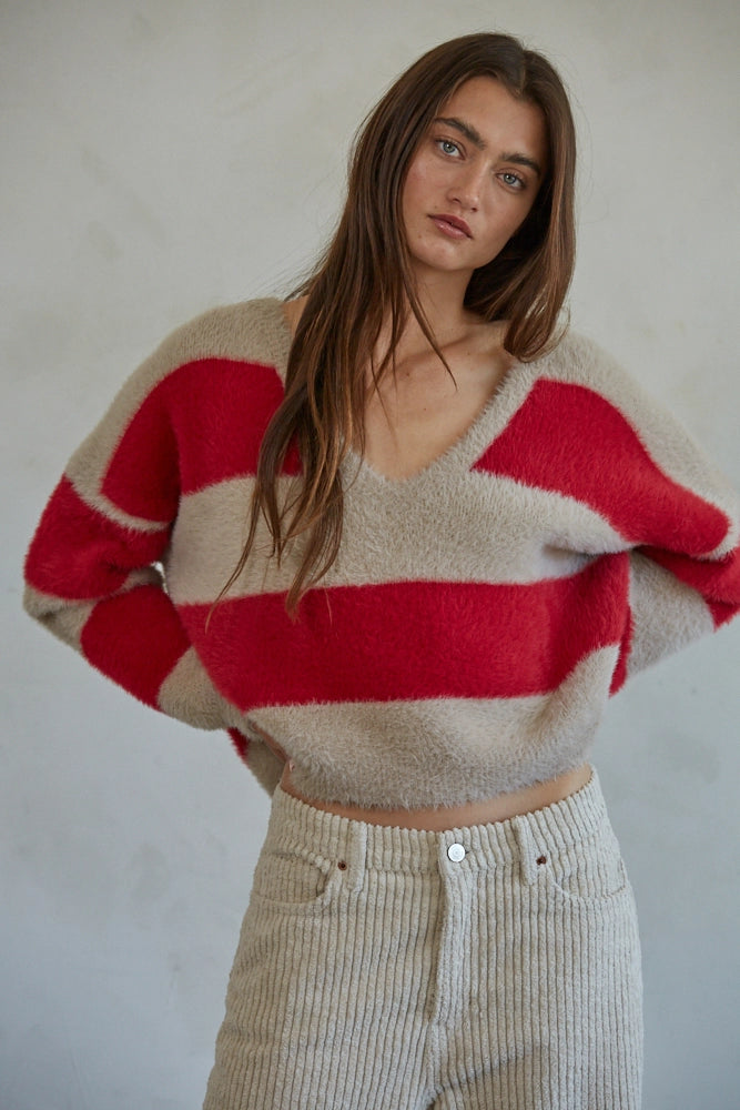 Knit Sweater Nylon Polyester Striped V-Neck Pullover
