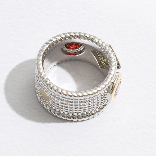 Geometric Shape Rhinestone Wide Textured Band Ring