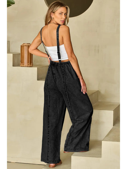 Light Wash Frayed Exposed Seam Wide Leg Denim Overall