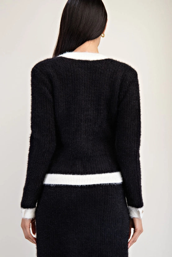 Fuzzy Sweater Cardigan with Contrast Edge Detail