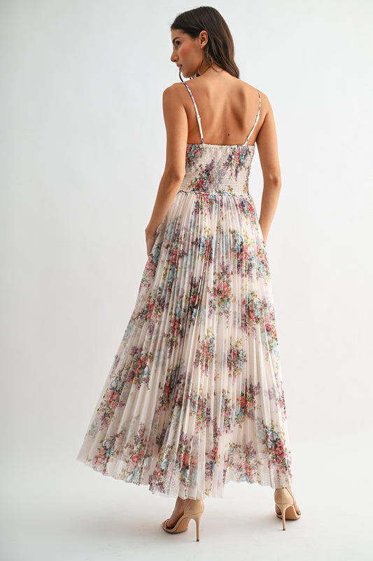 Pleated Floral Tulle Maxi Dress