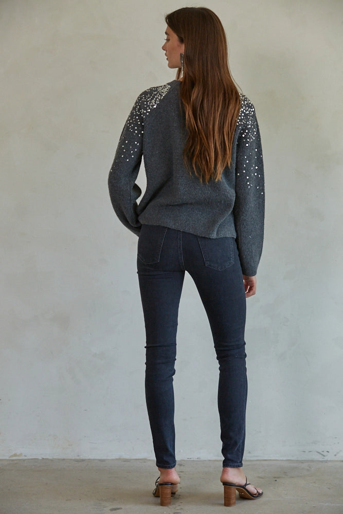 Knit Sweater Ribbed Sequin Detail Crew Neck Pullover