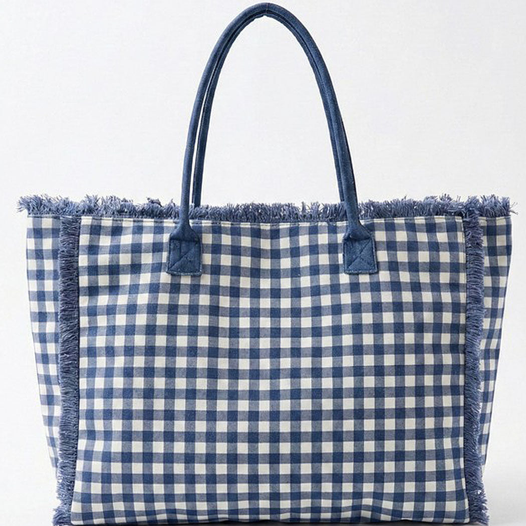 Gingham Check Terry Cloth Frayed Tote Bag
