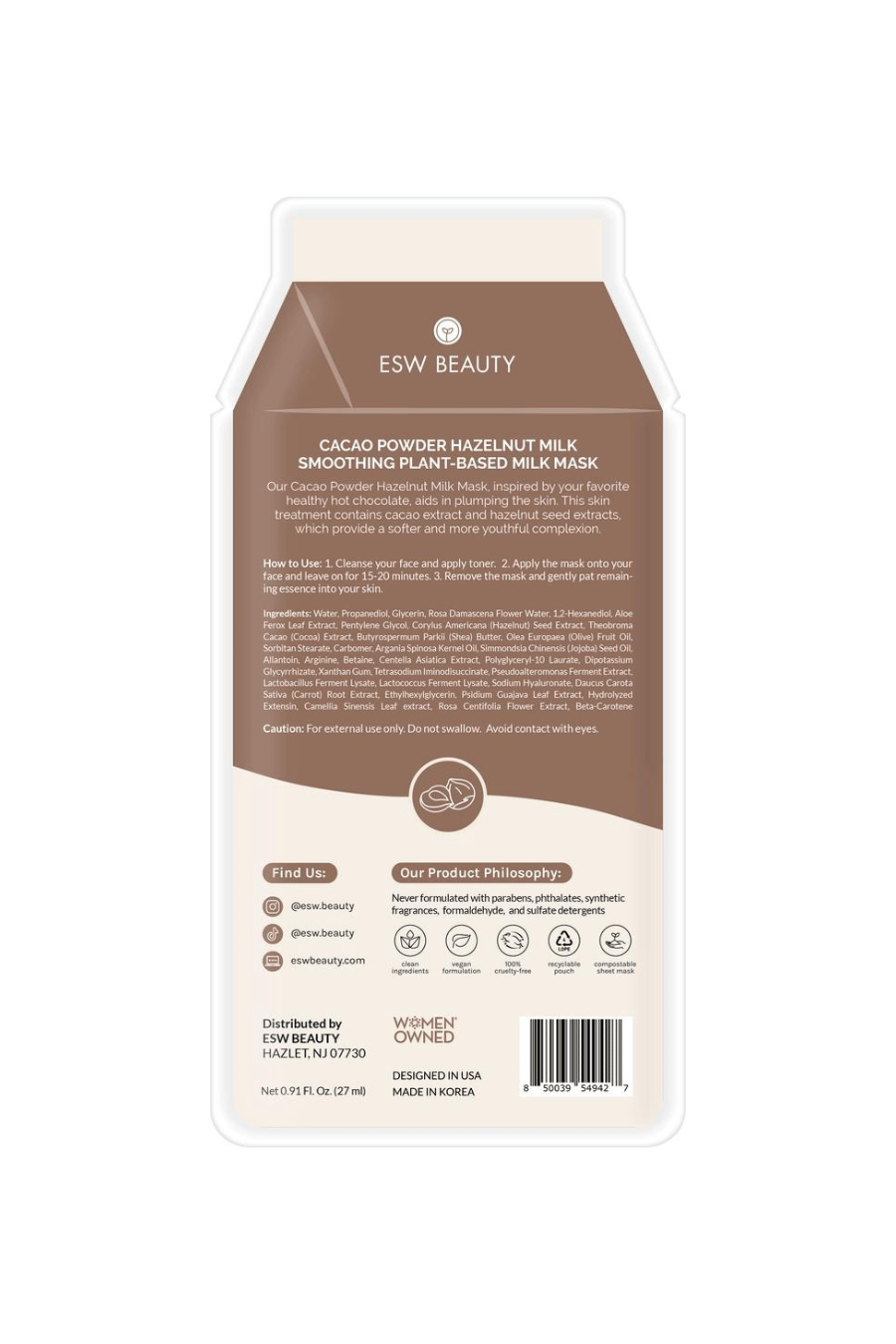 ESW Beauty Cacao Powder Hazelnut Milk Smoothing Plant-Based Milk Mask