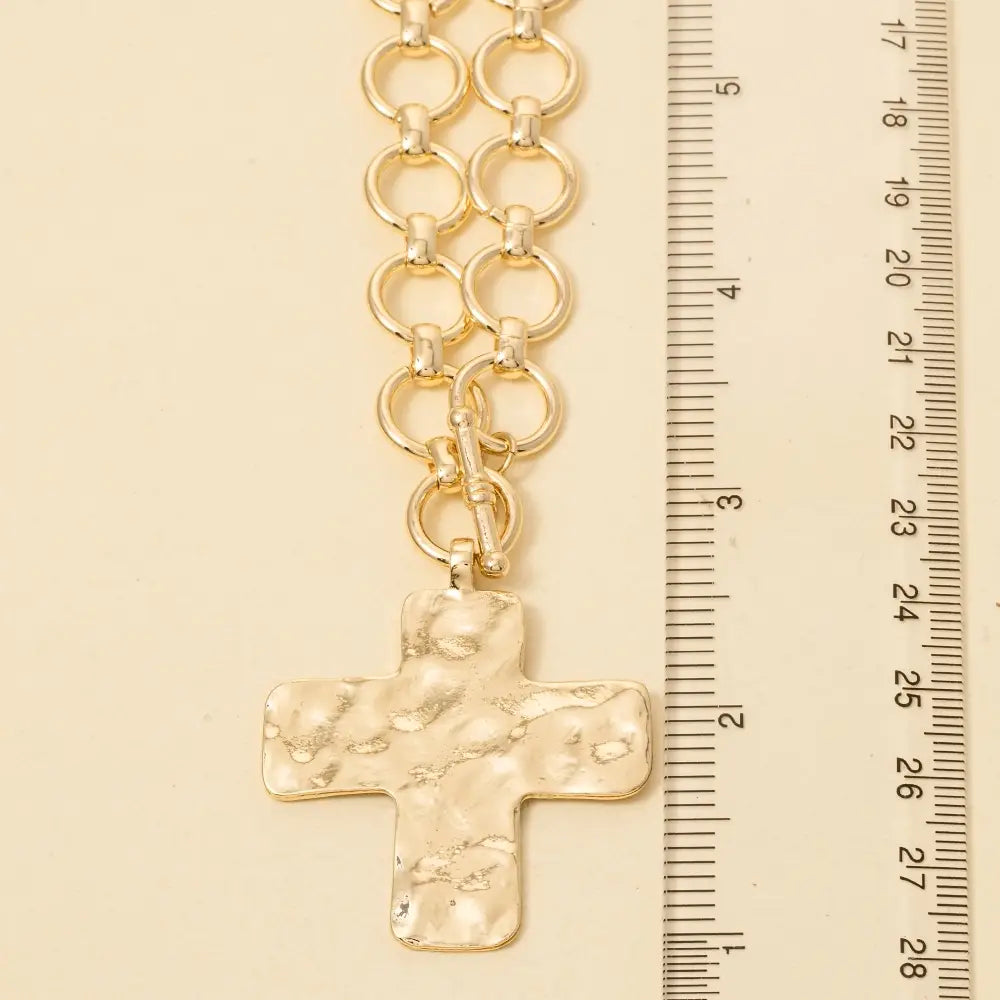 Hammered Flat Cross Pendant Toggle Chain Necklace
